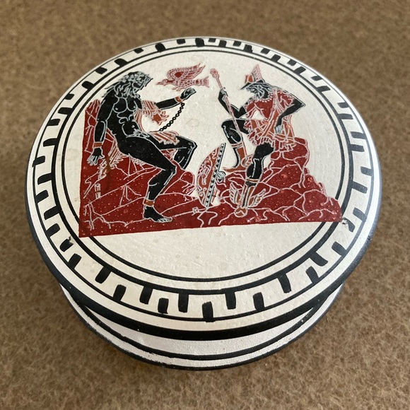 Greek Gods Pottery Trinket Jewelry Box, Round, Black and Red/Burgundy - Picture 1 of 8